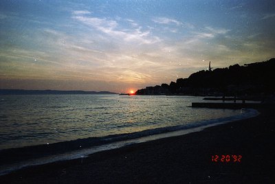 Sunset over a coastal shoreline with silhouetted trees and distant structures. Warm golden light reflects on calm waters, fra...