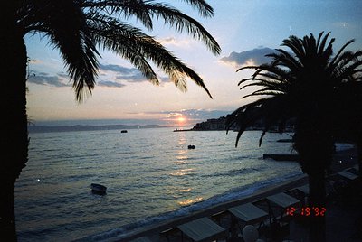 Sunset over a coastal promenade with palm trees framing the view. Warm golden light reflects on calm waters, with silhouetted...