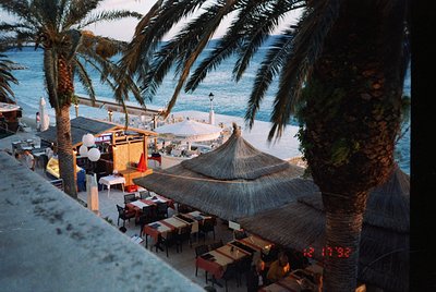 Seaside beachside café with thatched umbrellas and palm-draped tables, overlooking a calm coastal promenade. Architectural de...
