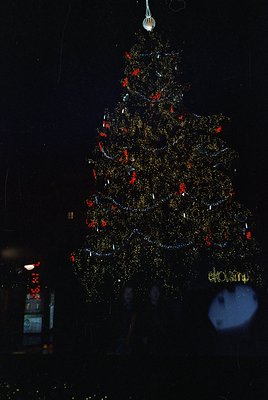 Vintage-style illuminated Christmas tree decoration with reflective gold foil, red accents, and "elOma" branding. Likely 1960...