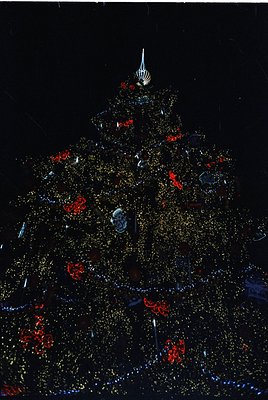 Luminous Christmas tree display with geometric, pyramid-shaped structure adorned with golden and red LED lights, forming intr...