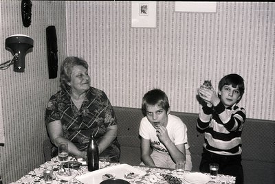 Family gathering in a 1970s-era home, featuring a woman in a patterned blouse and two boys at a table with cake. The striped ...