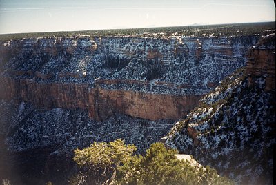 Aerial view of layered red rock canyons with sparse vegetation, likely Grand Canyon, Arizona. Snow patches highlight elevatio...