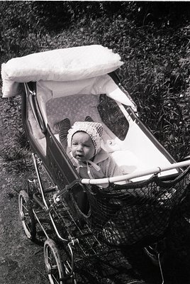 Vintage black-and-white photo of an infant seated in a classic metal-framed pram with a white canopy, set in an outdoor grass...