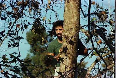 Portrait of a man in a green shirt leaning against a tree trunk, surrounded by autumn foliage. His beard and mustache suggest...