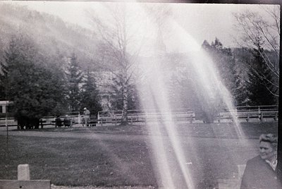 Vintage black-and-white photo of a rural park scene with a prominent wooden fence and railing in foreground. Sunlight streams...