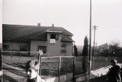Mid-20th century residential street with Soviet-era brick house featuring mural of palm tree. Fenced yard and barbed wire ato...