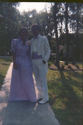 Couple in formal attire—woman in a knee-length purple dress with a belt, man in a light-colored suit with a sash—posing outdo...