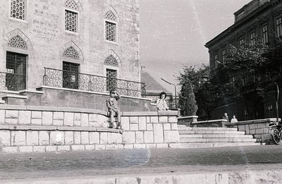 Classic black and white scene; two young people perch on stone steps alongside an ornate building, possibly a public institut...
