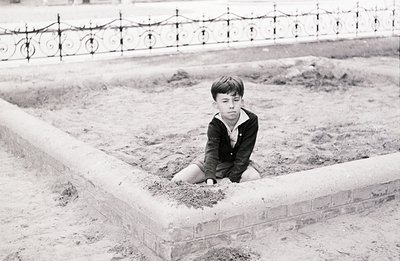 A young boy, seated within a newly constructed brick-lined depression or garden bed. He wears a collared shirt and dark blaze...