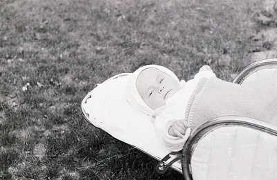 A baby, swaddled in white cloth and wearing a bonnet, reclines peacefully in a vintage stroller amidst tall grass. The image,...