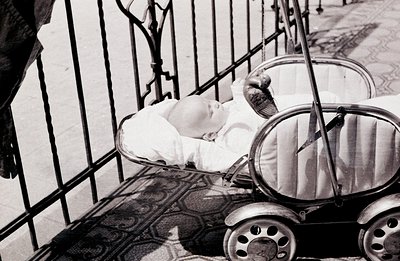 Infant peacefully rests within an ornate, vintage baby carriage, set against a wrought-iron railing. The carriage's design sh...