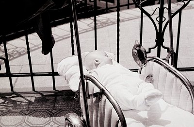 A monochrome image depicts a baby lying in a vintage stroller, framed by ornate metalwork. The stroller’s design suggests a m...