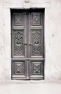 Detailed black and white image of a classical door with intricate carved floral and figurative ornamentation. Heavy, dark woo...
