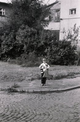 A young boy stands on a cobbled street, framed by dense foliage and a modest, multi-story building with distinctive window fr...