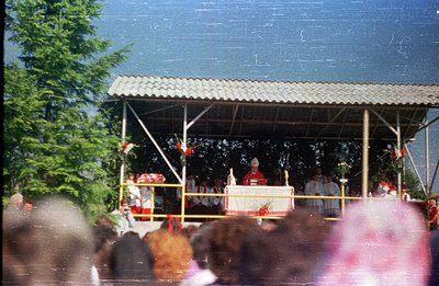 A religious ceremony unfolds beneath a simple, open-air pavilion, likely in a rural setting. Figures in vestments lead the se...