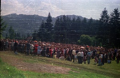 Large gathering of people in a grassy field, extending into the distance. Dense pine forest and rolling hills form the backdr...