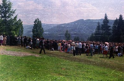 A large crowd gathers on a grassy slope, facing a distant, unseen event. Treeline and forested hills form the backdrop. Appea...
