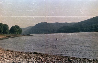 A wide, calm river reflects the surrounding landscape of rolling hills and lush greenery. A single swan swims in the foregrou...