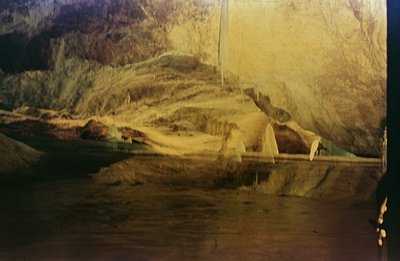 A diorama depicting an alpine landscape, likely within a museum or educational setting. The scene features a painted backdrop...