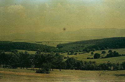 A sweeping view of rolling hills and dense forest, likely in Eastern Europe. A warm, slightly faded color palette suggests a ...