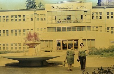 Formal attire, two women view a modern fountain & brutalist architecture. Likely a public space or institutional building. Mi...