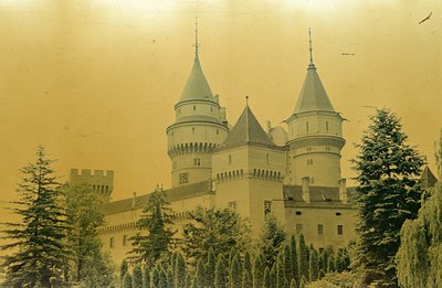 An imposing castle, likely Bavarian or Austrian, features prominent corner turrets and pointed spires. Dense evergreen trees ...