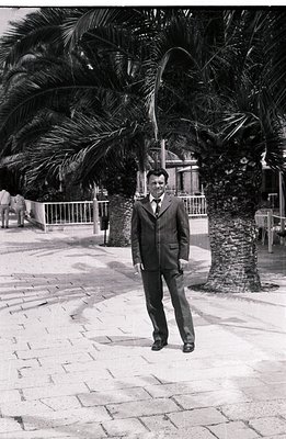 A formally dressed man stands outdoors near palm trees. He wears a dark suit, tie, and polished shoes. The brick-paved walkwa...