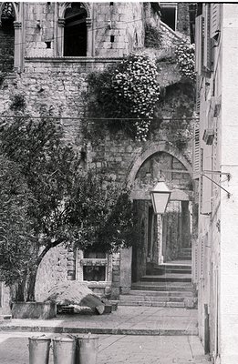 Stone steps lead up to an arched gateway framed by textured stone walls, overgrown with vegetation. A vintage street lamp ill...