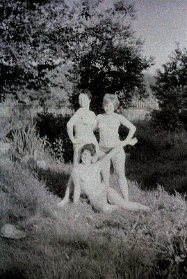 Three nude figures posed in a grassy field, partially obscured by foliage. Two stand, arms crossed, while a third lies on the...