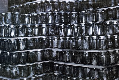 Stacked shelves display numerous glass jars filled with what appears to be pickled fish, possibly anchovies. The image sugges...