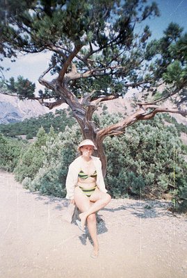 A woman sits perched on a branch of a gnarled juniper tree. She’s wearing a patterned swimsuit, white linen shirt, and straw ...