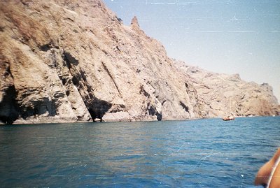 Dramatic coastal cliffs rise sharply from turquoise waters. A small boat is visible near the base of the rock face, emphasizi...