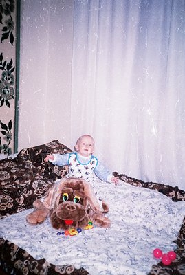 Infant in a patterned onesie sits playfully on a plush, oversized brown dog toy. A patterned bedspread and wallpaper suggest ...