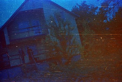 A two-story house with a gabled roof is partially obscured by foliage. Strong vertical color shifts, likely from dye fading, ...