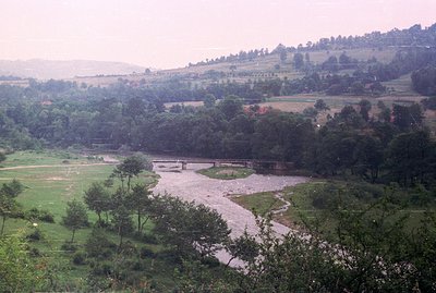 A winding river flows through a valley flanked by forested hills. A bridge crosses the river, appearing aged and possibly dis...