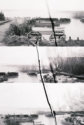 A b&w photo showcases a quiet lakeside scene, featuring rowboats docked along a weathered wooden pier. Shoreline vegetation a...