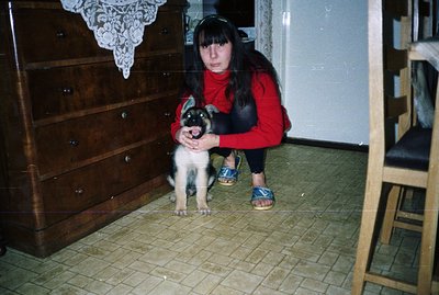 A young woman in a red turtleneck sweater and black leggings crouches, holding a small, black and white puppy. Interior setti...
