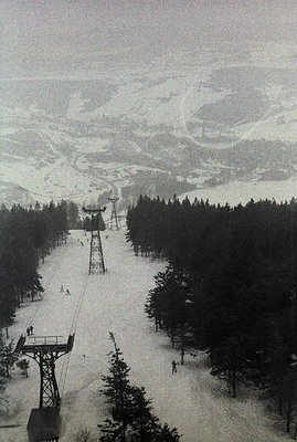 Monochrome view of a ski lift ascending a snow-covered slope. Evergreen trees line the lower portion, giving way to a wide, o...