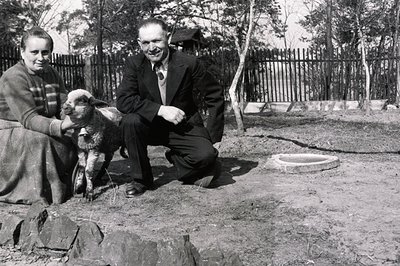 A couple poses outdoors with a lamb. The woman is seated, while the man crouches nearby, both appearing proud. Likely rural s...