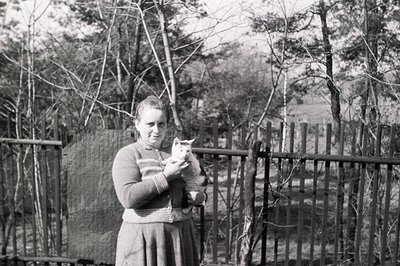 A young woman in a long skirt and sweater holds a kitten outdoors. The scene appears to be in a garden with a split-rail fenc...