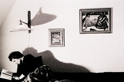 A woman sits reading a book, partially obscured in shadow, within a room featuring framed artwork. The wall lamp casts a dist...