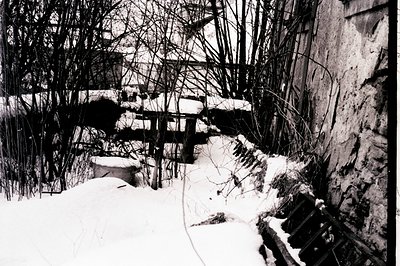 Winter scene features snow-covered steps leading to a weathered stone wall and a tangle of bare branches. The building’s faça...