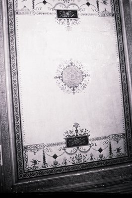 Highly ornamental plasterwork ceiling detail, likely from a historic European building. Intricate floral motifs, scrollwork, ...