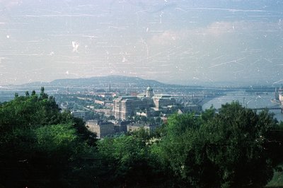A panoramic view of Budapest, Hungary, showcasing the Danube River and cityscape. Notable buildings include the Buda Castle c...