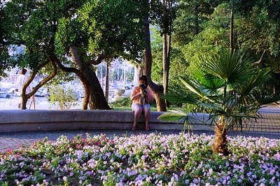 A young woman sits on a stone bench, holding a small dog, overlooking a harbor filled with sailboats. A vibrant bed of purple...