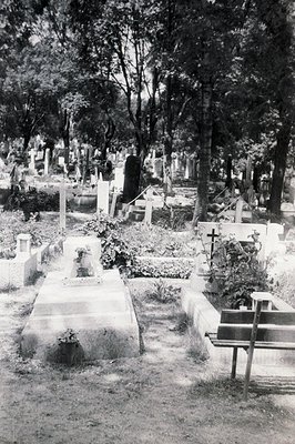 Monochrome view of a densely populated cemetery, featuring numerous weathered tombstones and ornate memorials set within a ba...