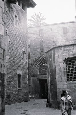 Monochrome image depicts a stone courtyard with ornate Gothic doorway. A lone woman in a long dress walks away, partially obs...