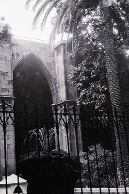 Ornate, wrought-iron gate frames a Gothic archway, leading to a courtyard glimpsed beyond. A mature palm tree stands adjacent...