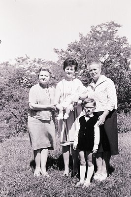 Family portrait, likely 1960s. Three women and a young boy stand in a grassy field with trees in the background. The women we...